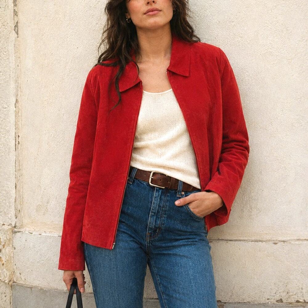 Vintage C&E Red Suede Leather Zip Jacket Size XL